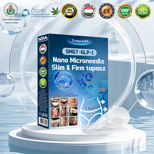 A Pécsi Tudományegyetem ajánlásával – Vezető GLP-1 tapasz Magyarországon CrazyLeaf® Nano Mikrotűs Tapasz SMGT-GLP-1 + Kollagén + Matrixyl 3000 Zsírégetés • Bőrfeszesítés • Vércukor-egyensúly • 7 nap alatt látható eredmény • Injekció nélkül