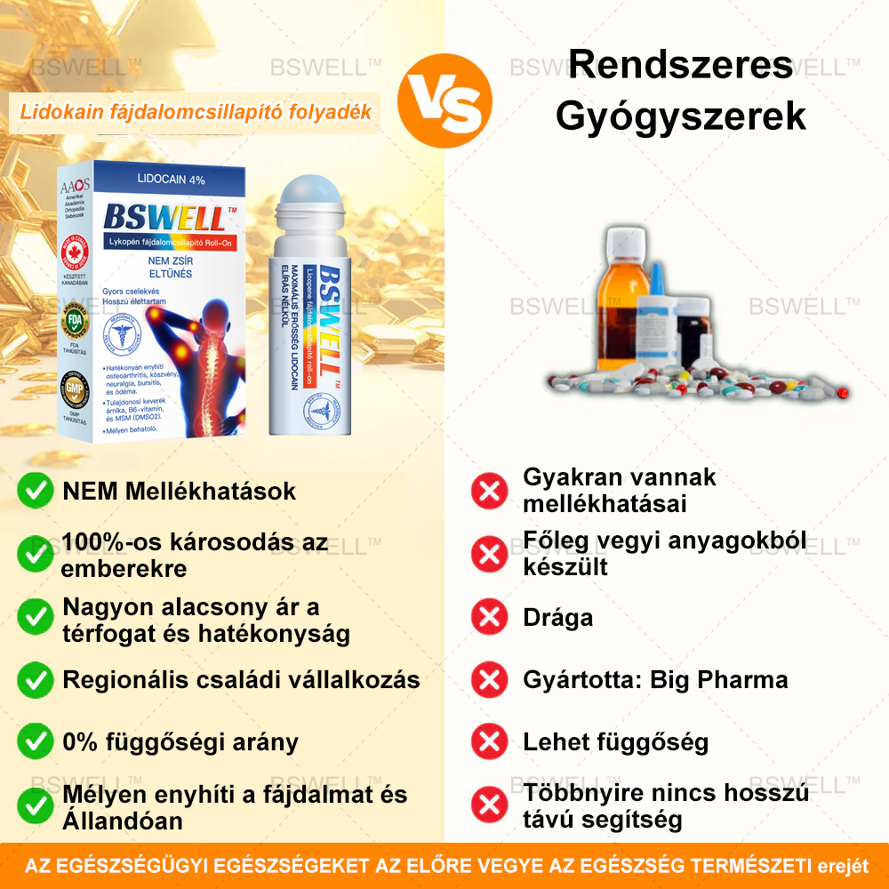 Lidocain Fájdalomcsillapító Roll-On Gélt(csökkenti az ízületi duzzanatot, fájdalmat, merevséget, bőrpírt, melegséget, fájdalmat és ízületi fáradtságot ), 4% Lidocain, Glükozamin, MSM, Arnica, Chondroitin, K2-vitamin