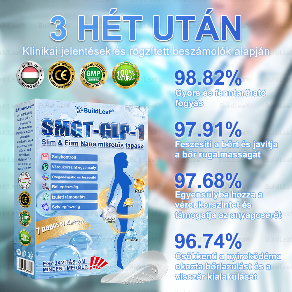 FDA Store | 𝐵uil𝗱𝐿ea𝐟® GLP-1 Slim & Firm Nano Microneedle Patch kollagénnel, kurkumával és Matrixyl 3000-rel | Elhízás, szív- és érrendszeri betegségek, cukorbetegség, alvási apnoe, ízületi problémák és egyéb állapotok kezelésére