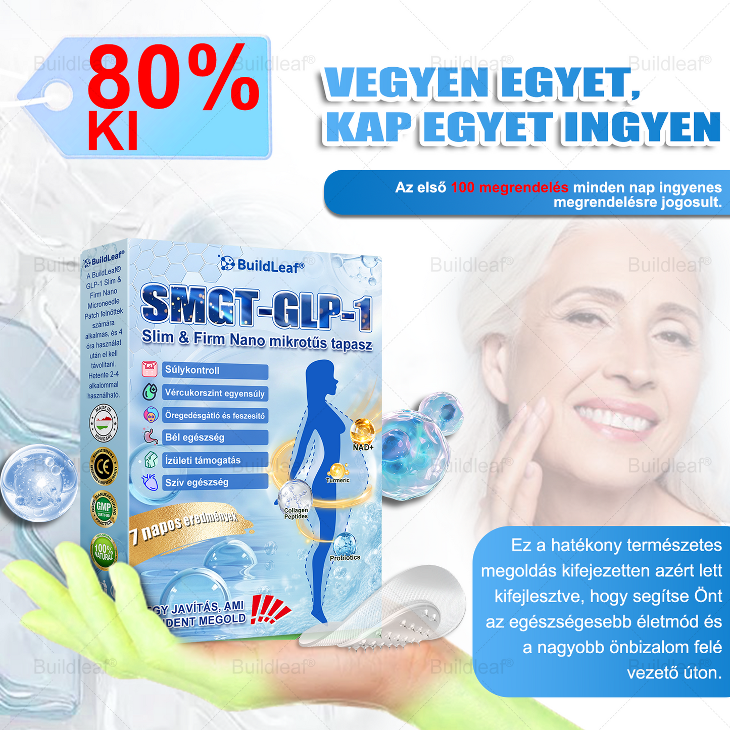 FDA Store | 𝐵uil𝗱𝐿ea𝐟® GLP-1 Slim & Firm Nano Microneedle Patch kollagénnel, kurkumával és Matrixyl 3000-rel | Elhízás, szív- és érrendszeri betegségek, cukorbetegség, alvási apnoe, ízületi problémák és egyéb állapotok kezelésére