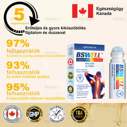 Lidocain Fájdalomcsillapító Roll-On Gélt(csökkenti az ízületi duzzanatot, fájdalmat, merevséget, bőrpírt, melegséget, fájdalmat és ízületi fáradtságot ), 4% Lidocain, Glükozamin, MSM, Arnica, Chondroitin, K2-vitamin