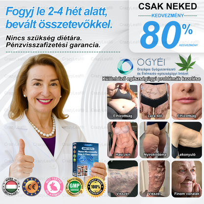 A Pécsi Tudományegyetem ajánlásával – Vezető GLP-1 tapasz Magyarországon CrazyLeaf® Nano Mikrotűs Tapasz SMGT-GLP-1 + Kollagén + Matrixyl 3000 Zsírégetés • Bőrfeszesítés • Vércukor-egyensúly • 7 nap alatt látható eredmény • Injekció nélkül