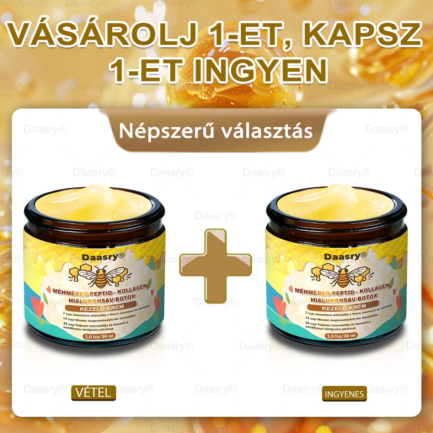 Daasry® Méhméreg Kezelő Krém, méhméreg peptidekkel, botulinum toxinnal, hialuronsavval és kollagénnel💧. Hatékonyan küzd a ráncok, finom vonalak, megereszkedés, terhességi csíkok és sötét foltok ellen — feszesítés, emelés és kiemelkedő eredmények!