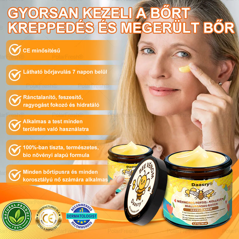 Daasry® Méhméreg Kezelő Krém, méhméreg peptidekkel, botulinum toxinnal, hialuronsavval és kollagénnel💧. Hatékonyan küzd a ráncok, finom vonalak, megereszkedés, terhességi csíkok és sötét foltok ellen — feszesítés, emelés és kiemelkedő eredmények!