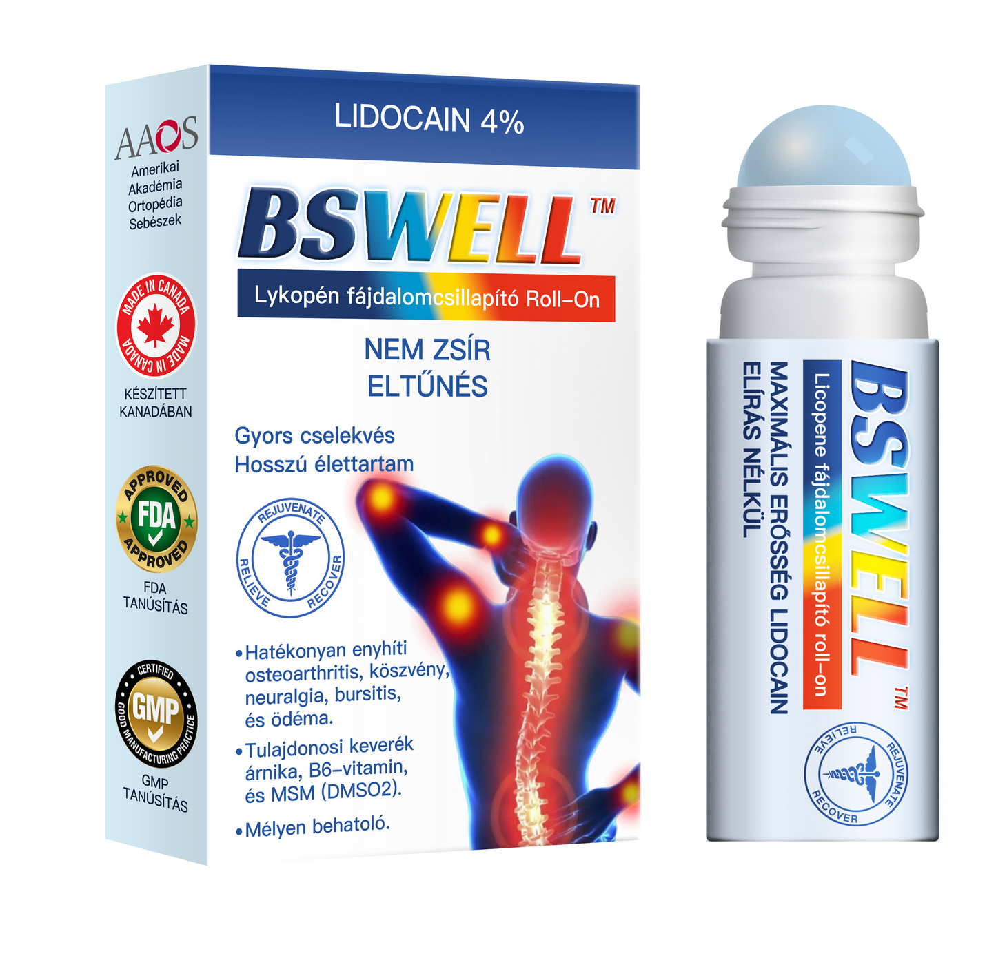 Lidocain Fájdalomcsillapító Roll-On Gélt(csökkenti az ízületi duzzanatot, fájdalmat, merevséget, bőrpírt, melegséget, fájdalmat és ízületi fáradtságot ), 4% Lidocain, Glükozamin, MSM, Arnica, Chondroitin, K2-vitamin