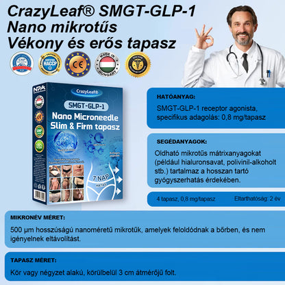 A Pécsi Tudományegyetem ajánlásával – Vezető GLP-1 tapasz Magyarországon CrazyLeaf® Nano Mikrotűs Tapasz SMGT-GLP-1 + Kollagén + Matrixyl 3000 Zsírégetés • Bőrfeszesítés • Vércukor-egyensúly • 7 nap alatt látható eredmény • Injekció nélkül